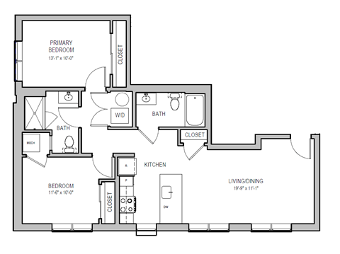 A floor plan of a house with a primary bedroom, a living/dining area, a kitchen, a bath, and a laundry room.