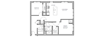 A floor plan of a home with a living room, two bedrooms, a bathroom, and a kitchen.