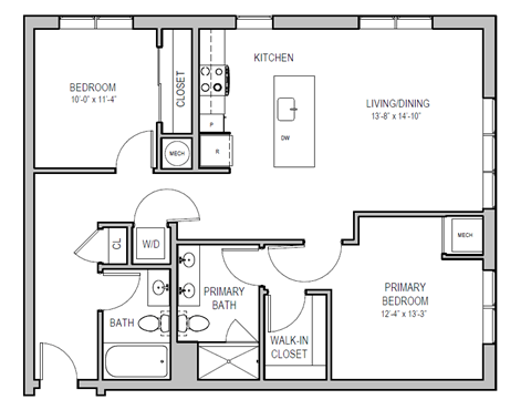 A floor plan of a home with a living room, two bedrooms, a bathroom, and a kitchen.