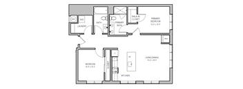 A floor plan of a home with a living room, two bedrooms, a bathroom, a laundry area, and a kitchen.