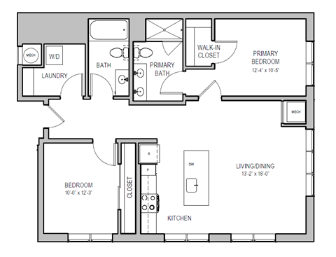 A floor plan of a home with a living room, two bedrooms, a bathroom, a laundry area, and a kitchen.