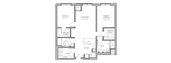 A floor plan of a home with a bedroom, living room, kitchen, and bathroom.