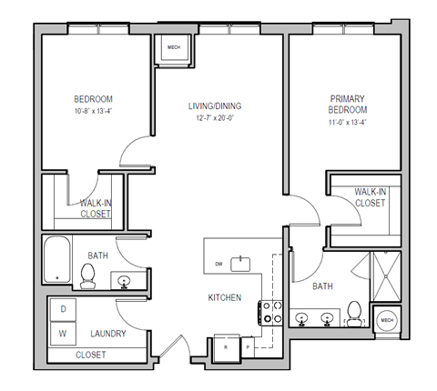 A floor plan of a home with a bedroom, living room, kitchen, and bathroom.