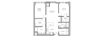 A floor plan of a home with a primary bedroom, living/dining area, kitchen, laundry, and two bathrooms.