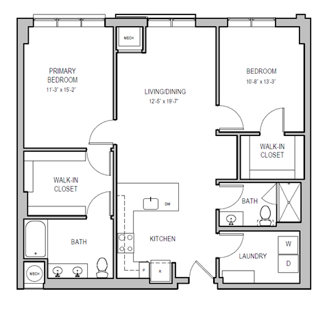 A floor plan of a home with a primary bedroom, living/dining area, kitchen, laundry, and two bathrooms.