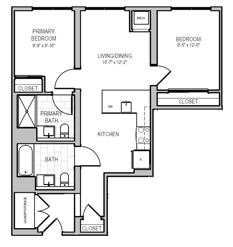 A floor plan of a home with a primary bedroom, a secondary bedroom, a living/dining area, a kitchen, a primary bath, and a laundry space.