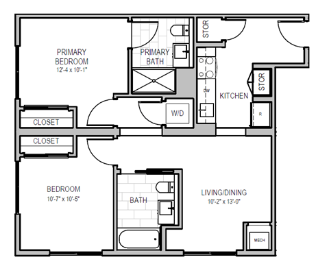 A floor plan of a house with a primary bedroom, a kitchen, a living/dining area, and a bathroom.