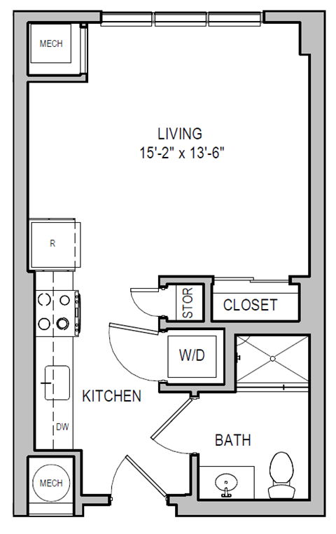 A floor plan of a small apartment with a living room, kitchen, bathroom, and closet.