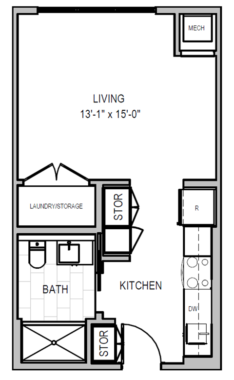 A floor plan of a small apartment with a living room, kitchen, bathroom, and storage.