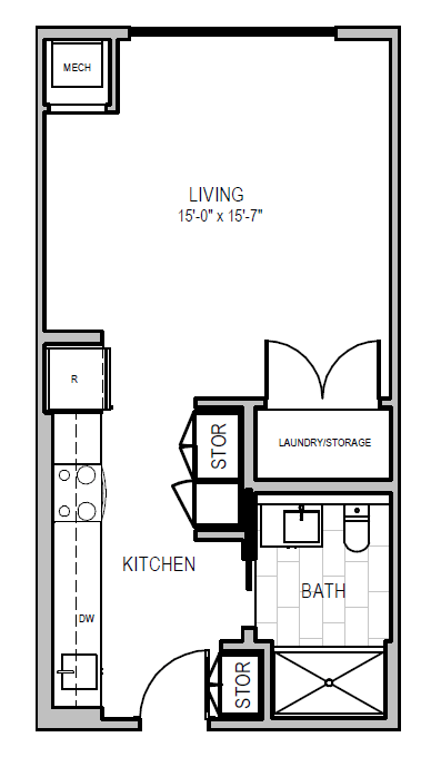 A floor plan of a small apartment with a living room, kitchen, bathroom, and storage.
