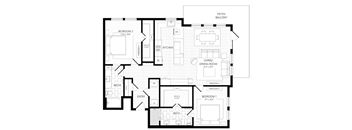 A black and white floor plan of a house with two bedrooms, a living room, a dining room, a kitchen, a bathroom, and an entry.