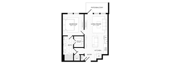 A black and white floor plan of a house with a bedroom, living room, kitchen, bath, and walk-in closet.