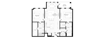 A black and white floor plan of a house with two bedrooms, a living room, a kitchen, a bath, a patio/balcony, and an entry.
