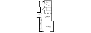 A floor plan of a room with a sleeping area, bathroom, and living/dining space.