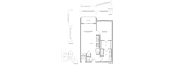 A floor plan of an apartment with a living room, kitchen, and bathroom.