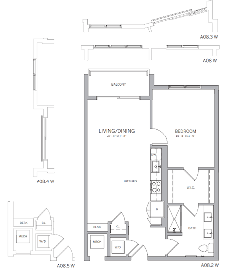 A floor plan of an apartment with a living room, kitchen, and bathroom.