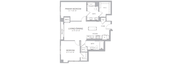 A floor plan of a home with a primary bedroom, living/dining area, kitchen, and bathrooms.