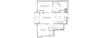 A floor plan of a home with a living room, dining room, kitchen, two bedrooms, a bathroom, and a balcony.