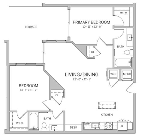 A floor plan of a living area with a bedroom, bathroom, and kitchen.