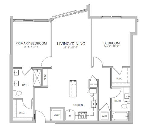 A floor plan of a home with a primary bedroom, living/dining area, and a bedroom.