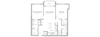 A floor plan of an apartment with a living room, two bedrooms, a kitchen, a bathroom, and a balcony.