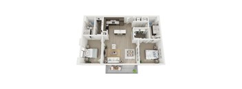A top down view of a small apartment with a kitchen, living room, and two bedrooms.
