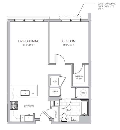 A floor plan of a small apartment with a living/dining area, kitchen, bedroom, and bathroom.