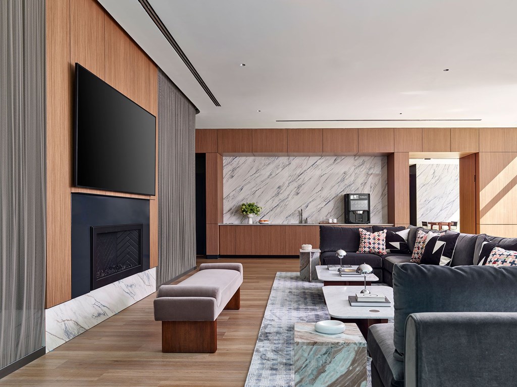 A modern living room with a fireplace and a large TV.