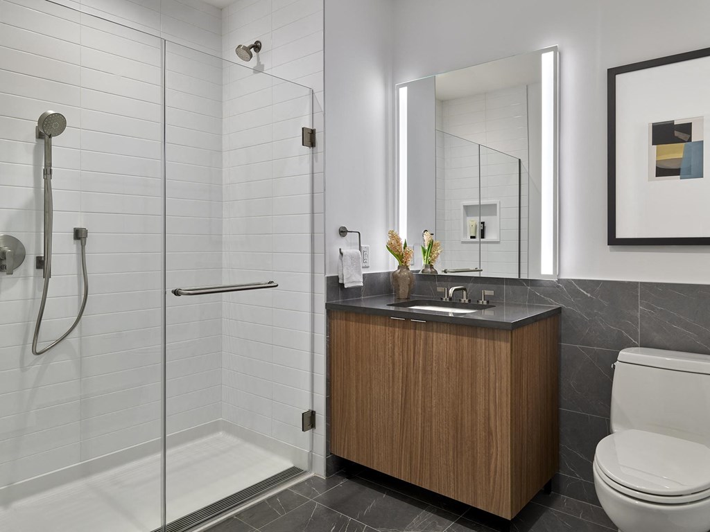 A modern bathroom with a walk-in shower, a wooden vanity, and a toilet.