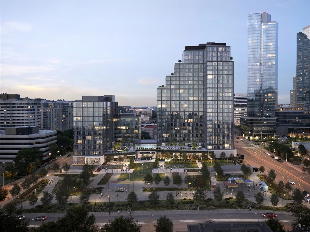 an aerial view of a city with tall buildings and a park at AVE Hamilton Green - 25 Cottage Apartments, White Plains ,New York, 10601