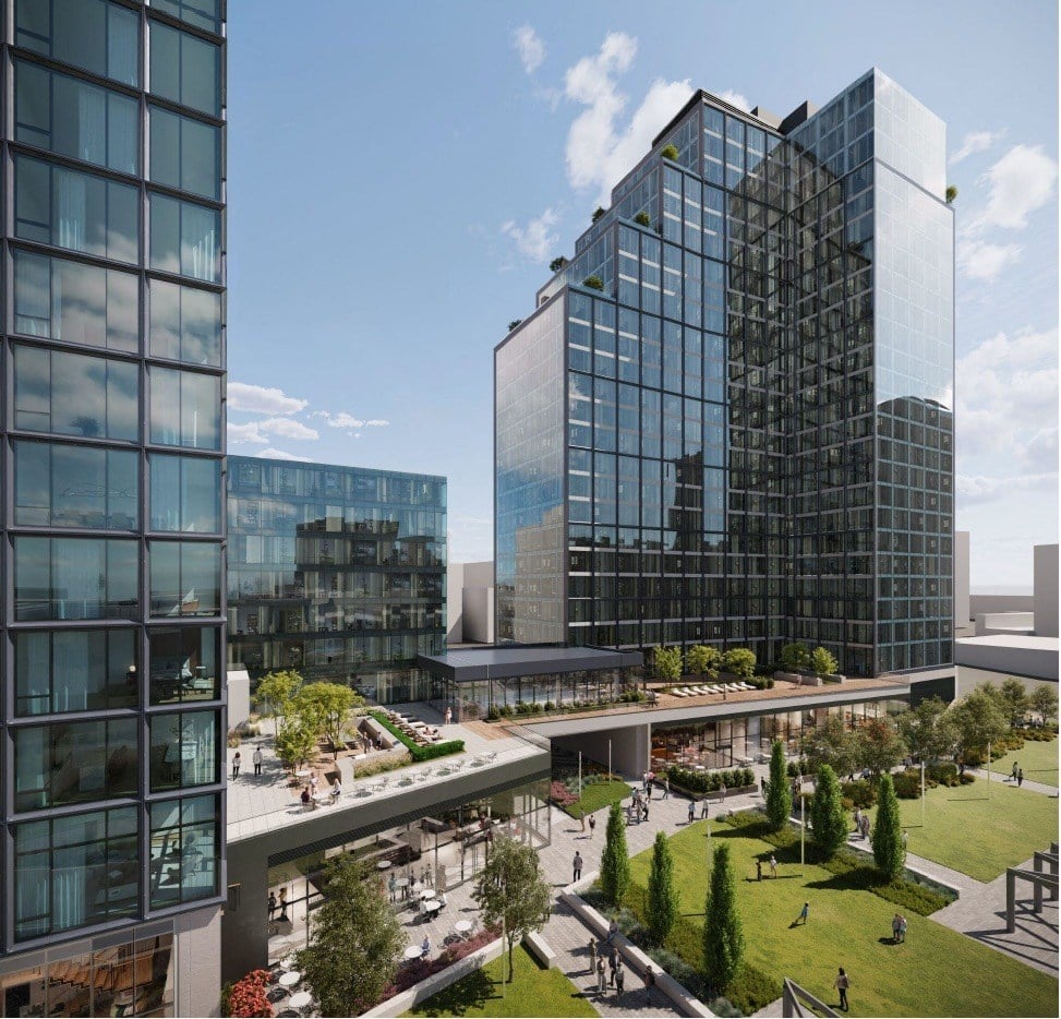 a rendering of a park between two tall buildings at AVE Hamilton Green - 25 Cottage Apartments, New York