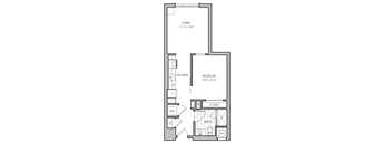 A floor plan of a small apartment with a living room, kitchen, bedroom, and bathroom.