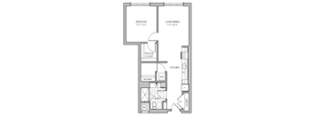 A floor plan of a small apartment with a bedroom, living/dining area, kitchen, and bathroom.