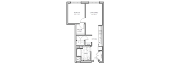 A floor plan of a small apartment with a bedroom, living/dining area, kitchen, and bathroom.