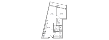 A floor plan of an apartment with a living room, bedroom, kitchen, dining room, bathroom, walk-in closet, and laundry room.