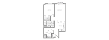 A floor plan of the Juliet Balcony apartment showing the layout of the bedroom, living/dining area, kitchen, bath, and den.