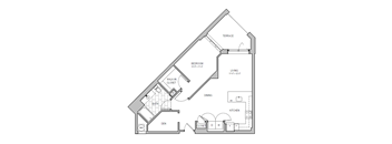 A floor plan of a house with a bedroom, living room, kitchen, and bathroom.