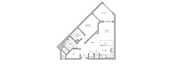 A floor plan of a house with a balcony, bedroom, living room, dining room, kitchen, bathroom, and den.