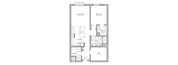 A floor plan of a Juliet Balcony apartment with a living/dining area, kitchen, bathroom, laundry, and den.