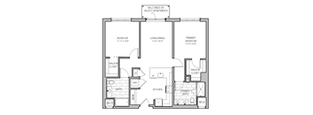 A floor plan of an apartment with three bedrooms, a living room, a kitchen, a bathroom, a walk-in closet, and a desk.