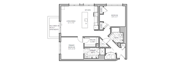 A floor plan of an apartment with a living room, kitchen, two bedrooms, and a bathroom.