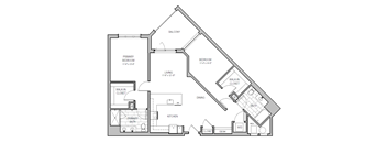 A floor plan of a house with a balcony, two bathrooms, a kitchen, a dining area, a living room, and a walk-in closet.