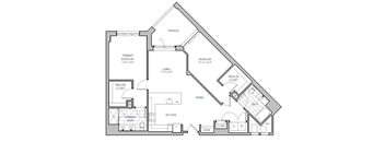 A floor plan of a house with a primary bedroom, bathroom, walk-in closet, dining area, kitchen, and a desk.