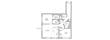 A floor plan of an apartment with a living room, kitchen, two bedrooms, and a balcony.