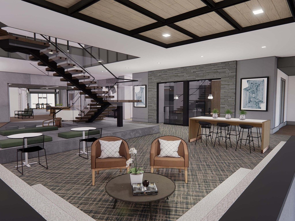 A modern living room with a staircase and a dining table.