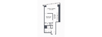 A floor plan of a small apartment with a living/dining area, bedroom, and kitchen.