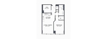 A floor plan of a small apartment with a kitchen, living/dining area, and bedroom.