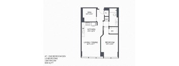 A floor plan of a one bedroom den with a kitchen and living/dining area.