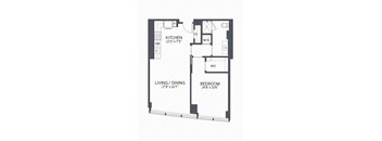 A floor plan of a small apartment with a kitchen, living/dining area, and bedroom.
