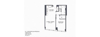 A floor plan of a one bedroom apartment.